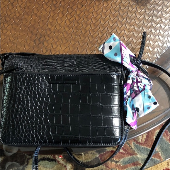 Handbags - Black Croc-Embossed Crossbody Bag with Scarf Accent